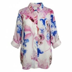 Soft Surroundings Watercolor Floral Print Button Up Shirt 2X Roll Tab Sleeve